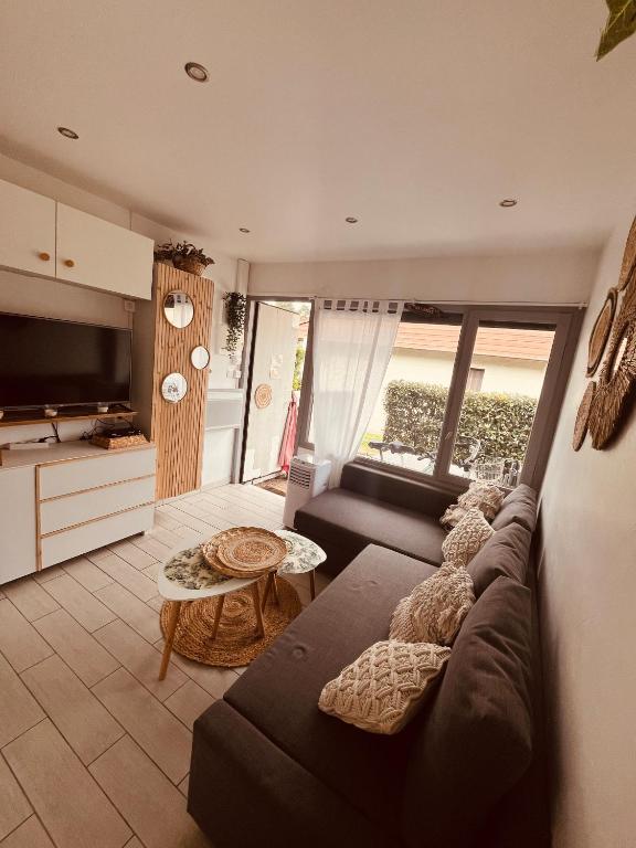 un salon avec un canapé et une télévision dans l'établissement Studio dans les Landes, à Lit-et-Mixe