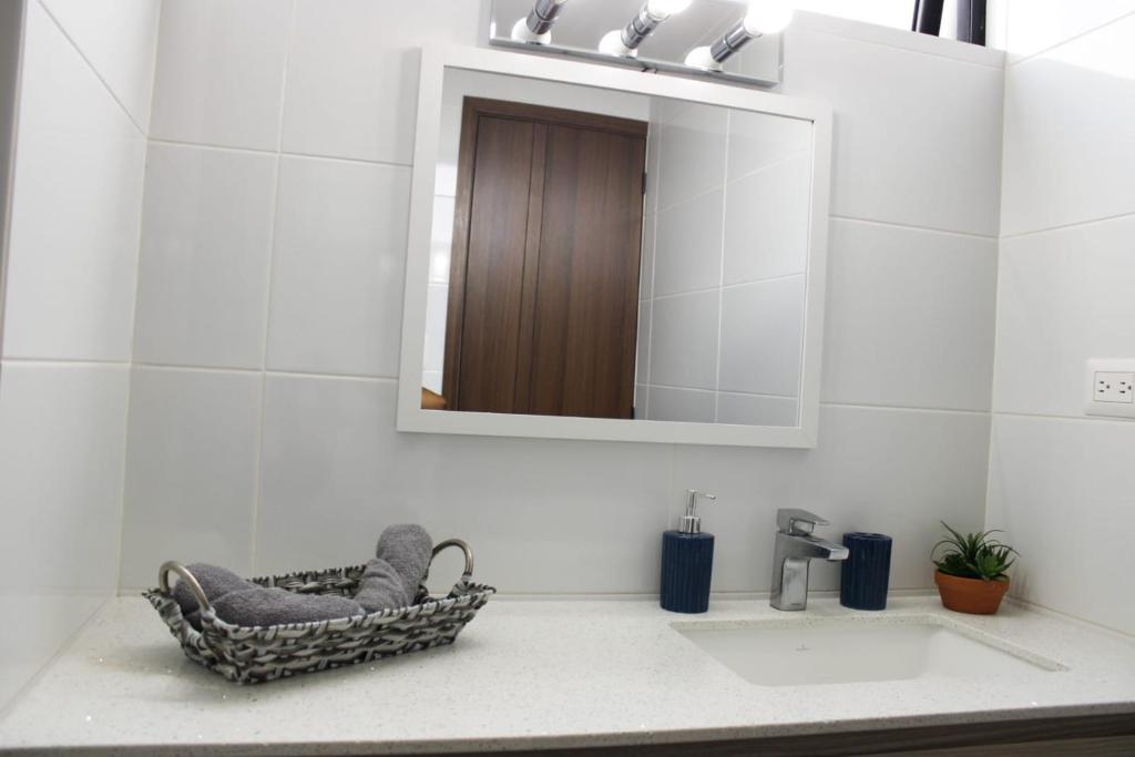 un baño con lavabo y espejo en Hábitat, en Estación Pamplona