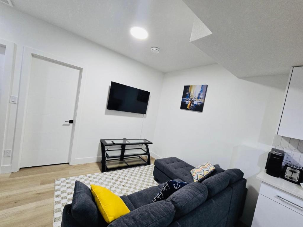 a living room with a couch and a flat screen tv at Amazing 2-bedroom house with WiFi in Edmonton in Edmonton