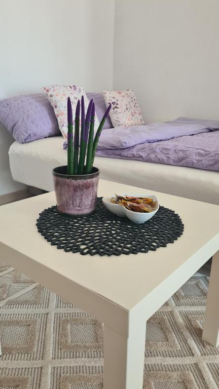Una mesa de café blanca con una maceta. en Studio apartment Sara, en Mostar