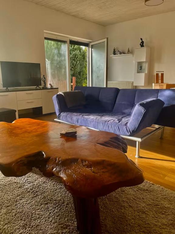 a living room with a blue couch and a wooden coffee table at Ferienhaus Harzseele in Elend