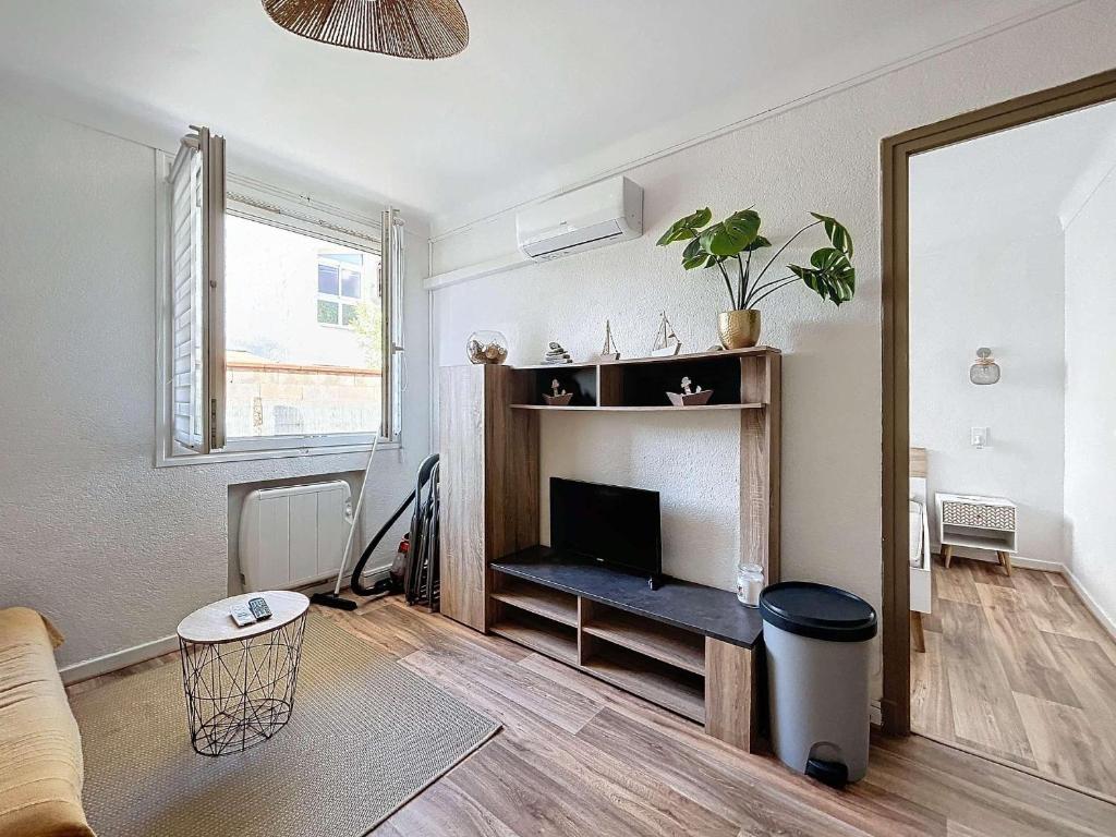 un salon avec un canapé et une télévision dans l'établissement Appartement 100m de la mer, à Canet