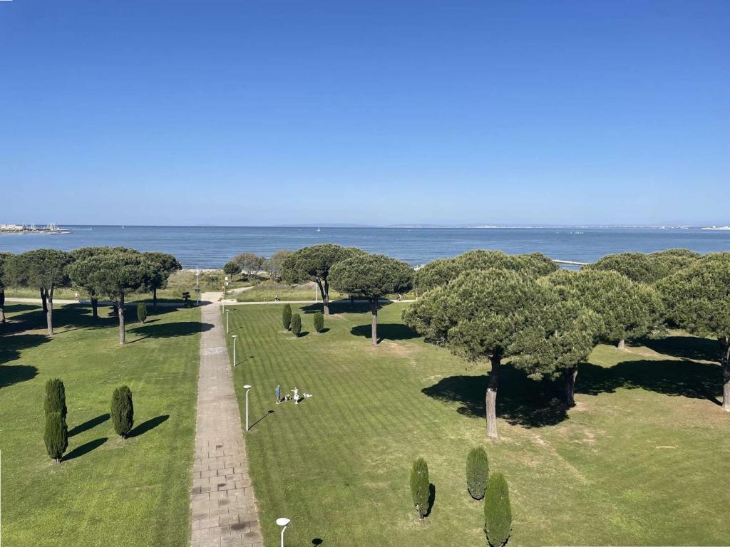 - une vue aérienne sur un parc arboré et l'océan dans l'établissement Appartement face mer climatisé avec parking au Grau-du-Roi - FR-1-731-141, au Grau-du-Roi