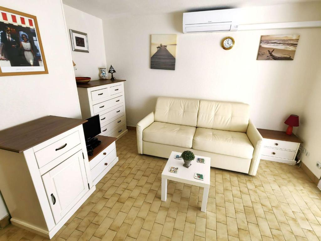 un salon avec un canapé et une table dans l'établissement Joli T2 cabine climatisé au Cap d'Agde, piscine et parking, proche mer - FR-1-607-221, au Cap d'Agde