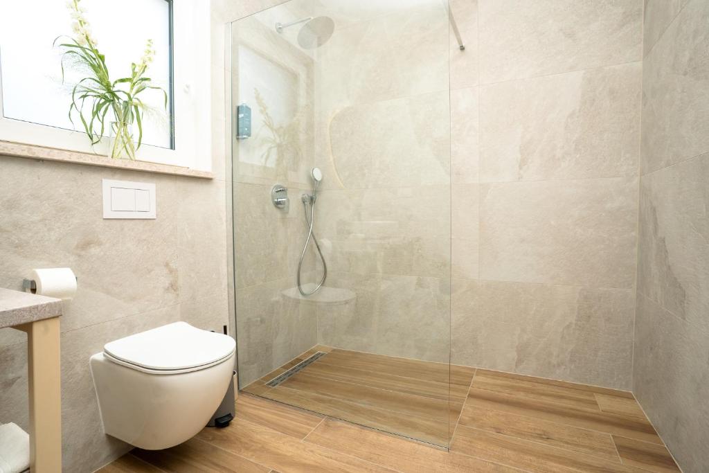 a bathroom with a toilet and a shower at VSG Resort - Relaxing Apartments, 200m from the Sea, with Pool, Sauna & Jacuzzi in Klimno