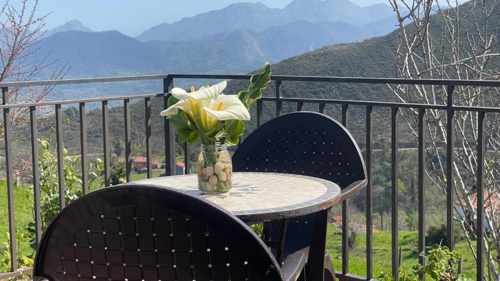 a vase of flowers sitting on a table on a balcony at El Corralín in La Frecha