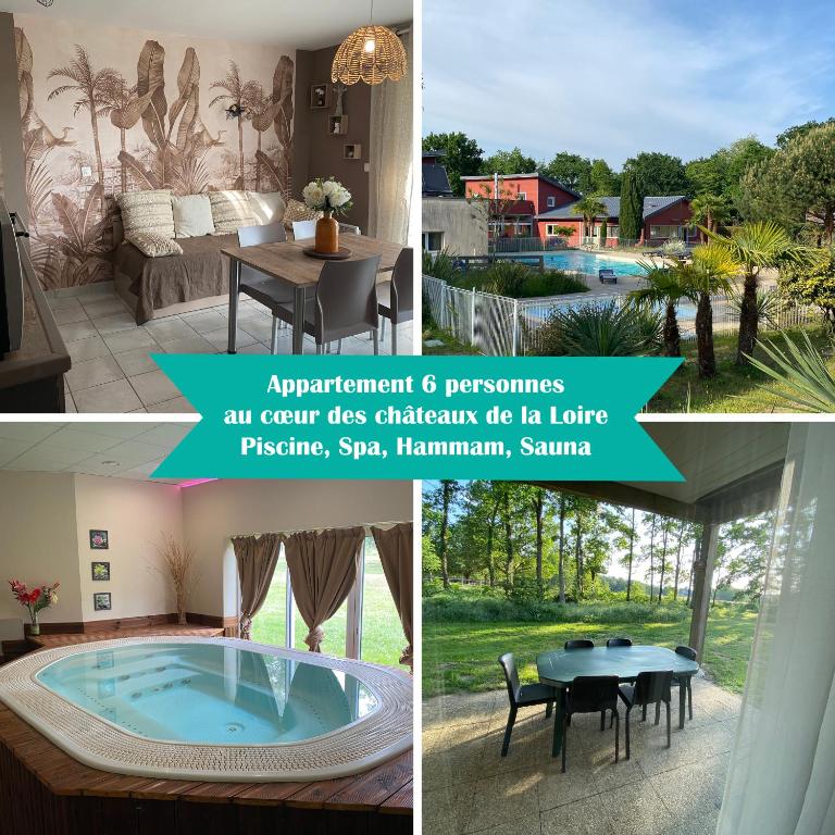 un collage de photos avec un jacuzzi dans une maison dans l'établissement Richelieu et les mille châteaux, à Chaveignes