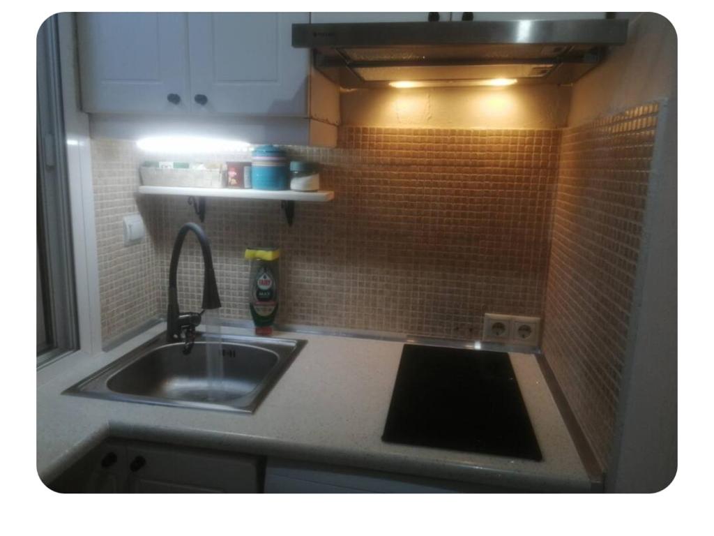 a kitchen with a sink and a brick wall at Antigoni old town Apartment in Corfu