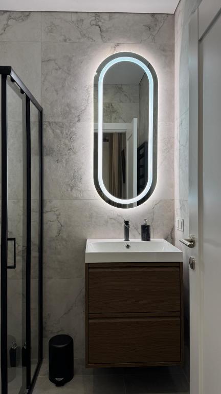 a bathroom with a sink and a mirror at EVA boutique apartments in Vilnius