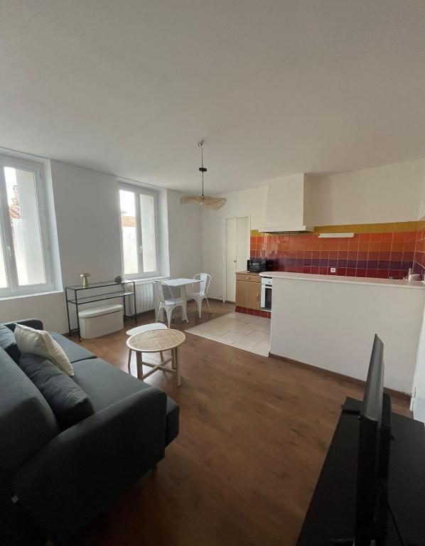 un salon avec un canapé et une cuisine dans l'établissement Casa Colori - Charmant T2, à Carcassonne