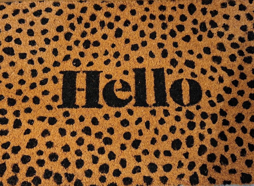 eine Nahaufnahme des Wortes „Hallo“ auf einer Decke mit Leopardenmuster in der Unterkunft Appartement 14 - Résidence Conseil au coeur du village in Saint-Gervais-les-Bains