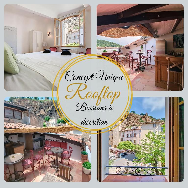 un collage de photos avec un panneau indiquant l'hôtel dans l'établissement Le Veronese, Maison des Artistes, Vue, Rooftop, à Cotignac