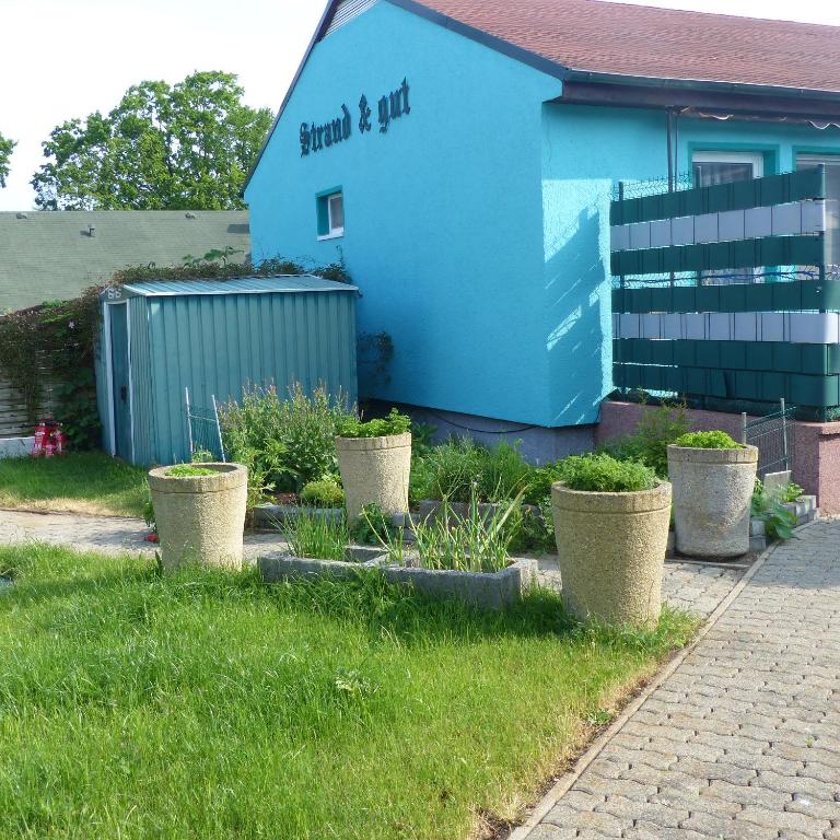 a blue building with three potted plants in front of it at Ferienwohnungen "Strand & Gut" - Dietmar Opel in Zempin