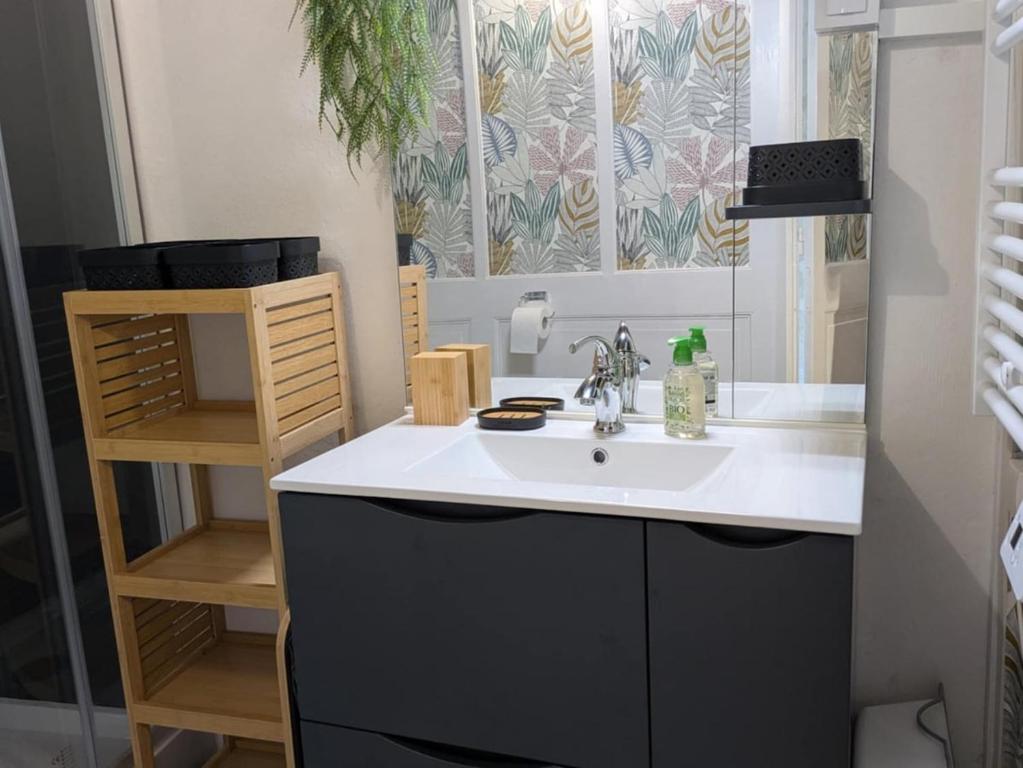 une salle de bain avec un lavabo et un miroir dans l'établissement Sous les Etoiles du Bugey, à Tenay