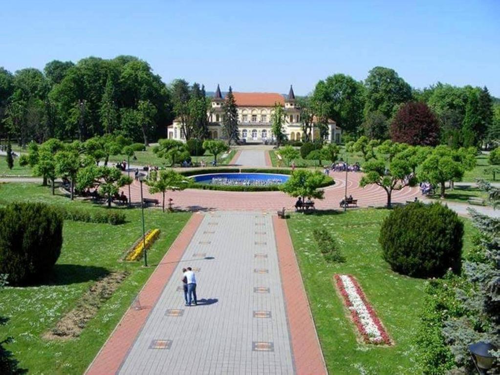 a man standing in a park in front of a building at Hotel Royal Spa in Banja Koviljača