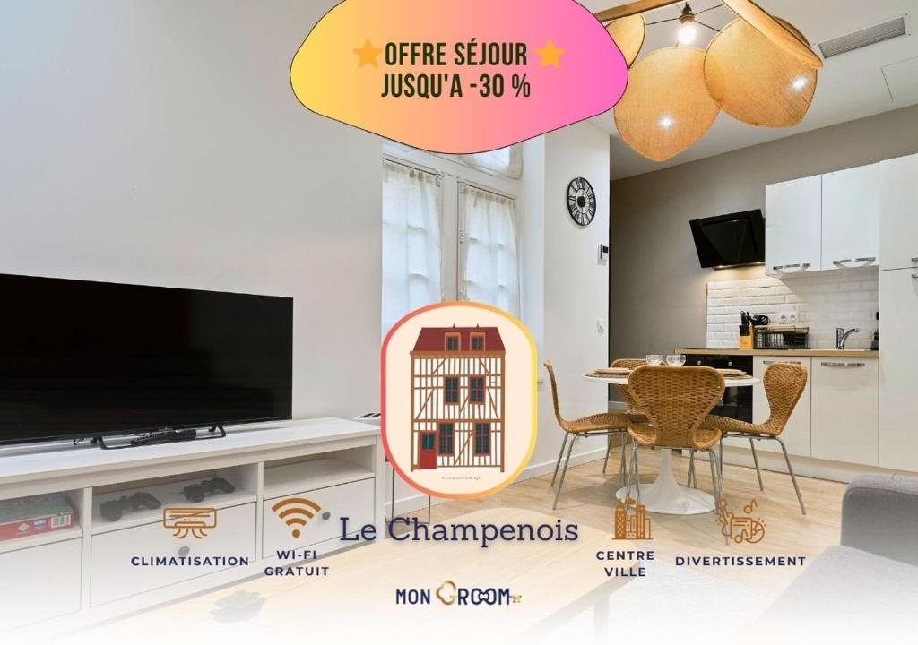 an image of a living room with a tv at Appartement Central et Tout Equipé - 2 - Mon Groom in Troyes