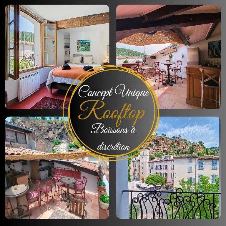 un collage de photos d'un hôtel avec vue dans l'établissement Le Sienna, Maison des Artistes, Vue, Rooftop, à Cotignac