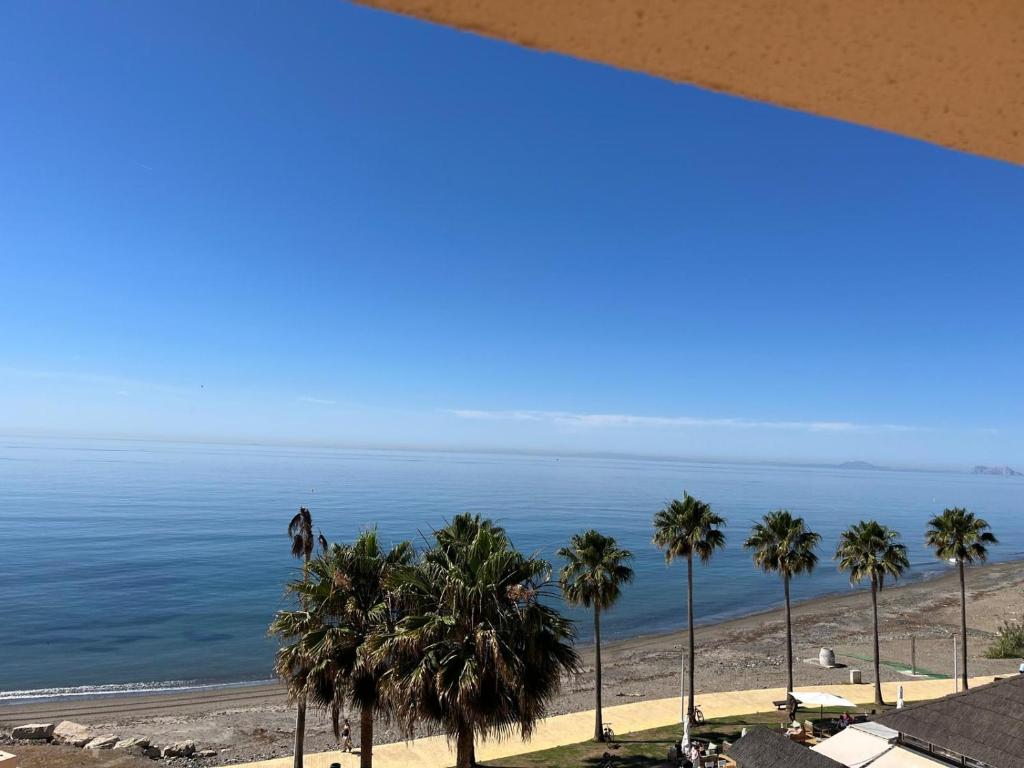 a view of a beach with palm trees at Bahia De La Plata Seafront in Estepona