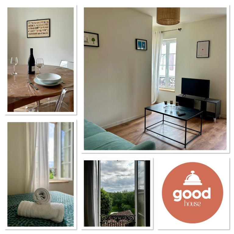 un collage de photos d'un salon et d'une salle à manger dans l'établissement Run'Albi - MAISON DE VILLE CLIMATISE - CENTRE VILLE - 2 CHAMBRES, à Albi