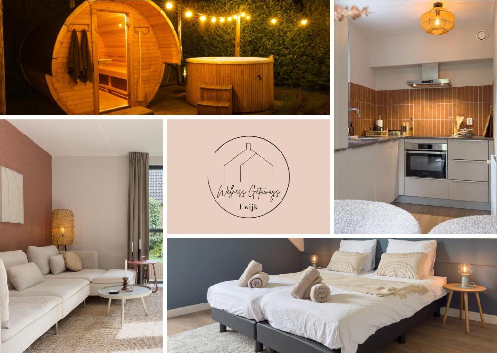 a collage of pictures of a kitchen and a living room at 6-p Wellnesshuisje met sauna/hottub bij Nijmegen in Ewijk