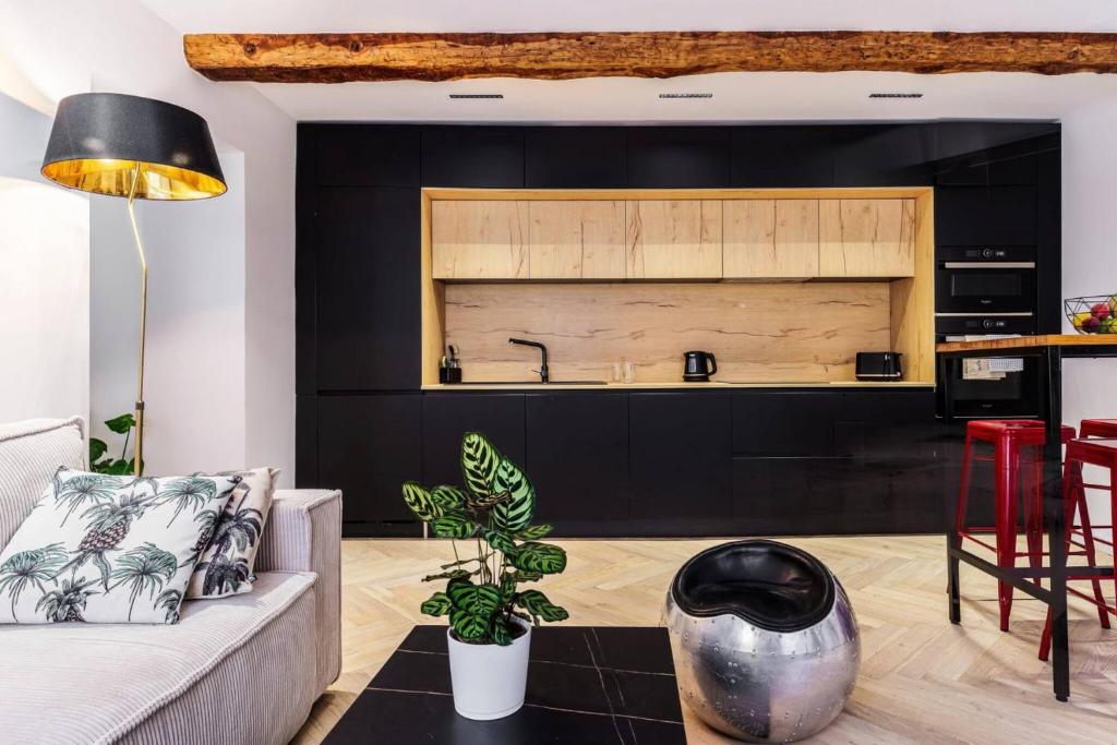 un salon avec un canapé et une cuisine dans l'établissement Appartement de charme en plein coeur du vieux Nice, à Nice