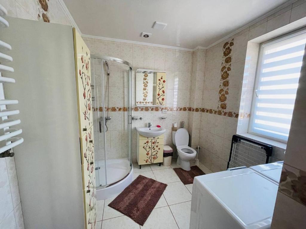 un bagno con wc, lavandino e doccia di Гостьовий будинок у Східниці a Skhidnytsia