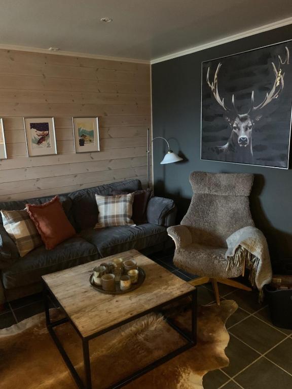 a living room with a couch and a table at Ski in-ski out leilighet Hemsedal in Fausko