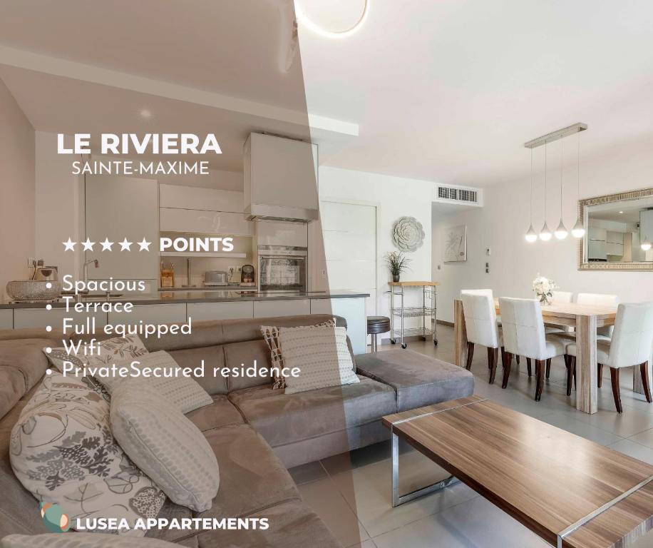 un salon avec un canapé et une table dans l'établissement Le Riviera 3 bed apartment Sainte Maxime, à Sainte-Maxime