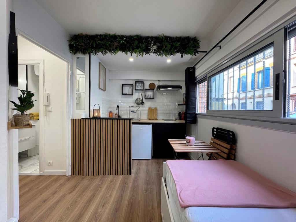 une pièce avec une cuisine et un salon dans l'établissement Le Germier - Studio en hyper-centre de Toulouse, à Toulouse