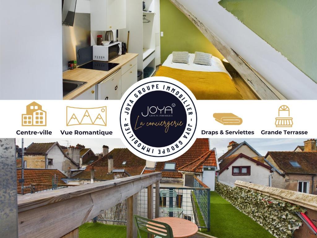 un collage de photos d'une chambre et d'une maison dans l'établissement Le Perchoir - Terrasse sur les Toits Troyens, à Troyes