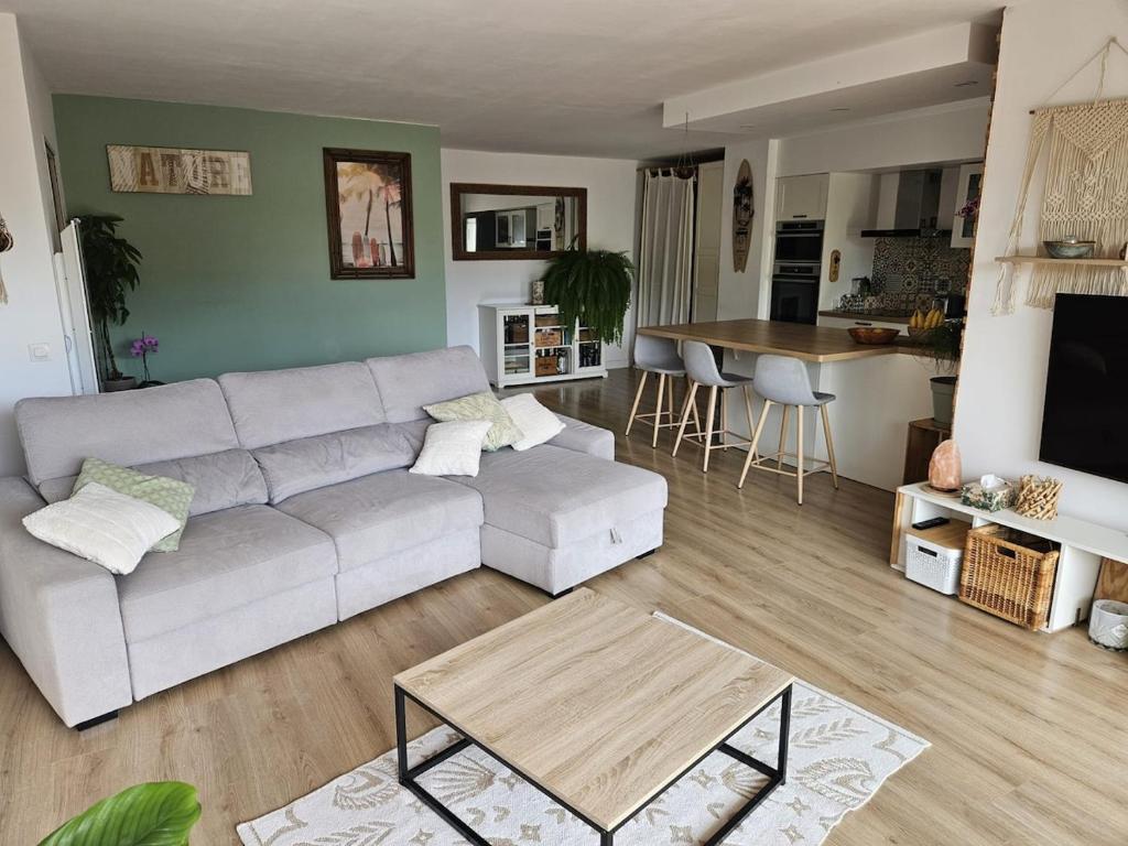 un salon avec un canapé et une table dans l'établissement Entre mer et forêt T5- 100m2, à La Seyne-sur-Mer