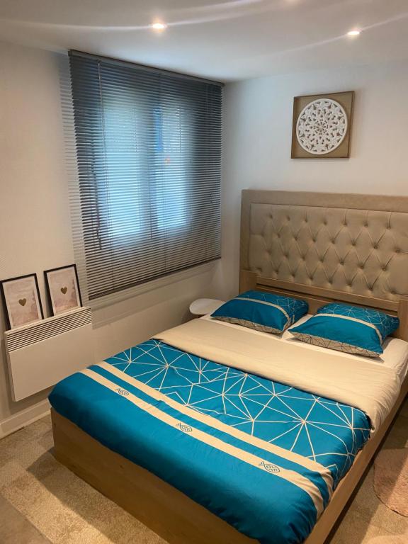 une chambre avec un grand lit avec des oreillers bleus dans l'établissement habitat la DHUYS, à Montreuil