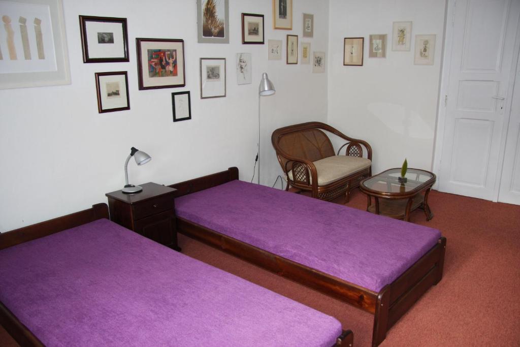 ポジェブラディにあるAngel Room Poděbradyのベッドルーム(紫色のベッド2台、椅子付)