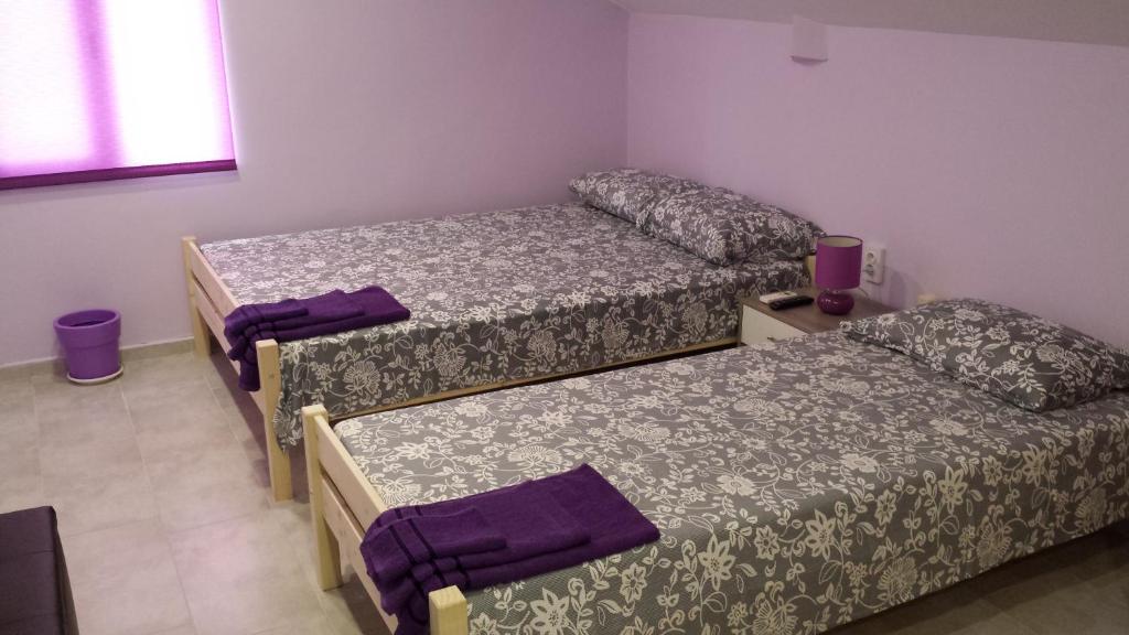 プレヴェンにあるStudio Medical Universityの紫色のタオルが付いたドミトリールームのベッド2台