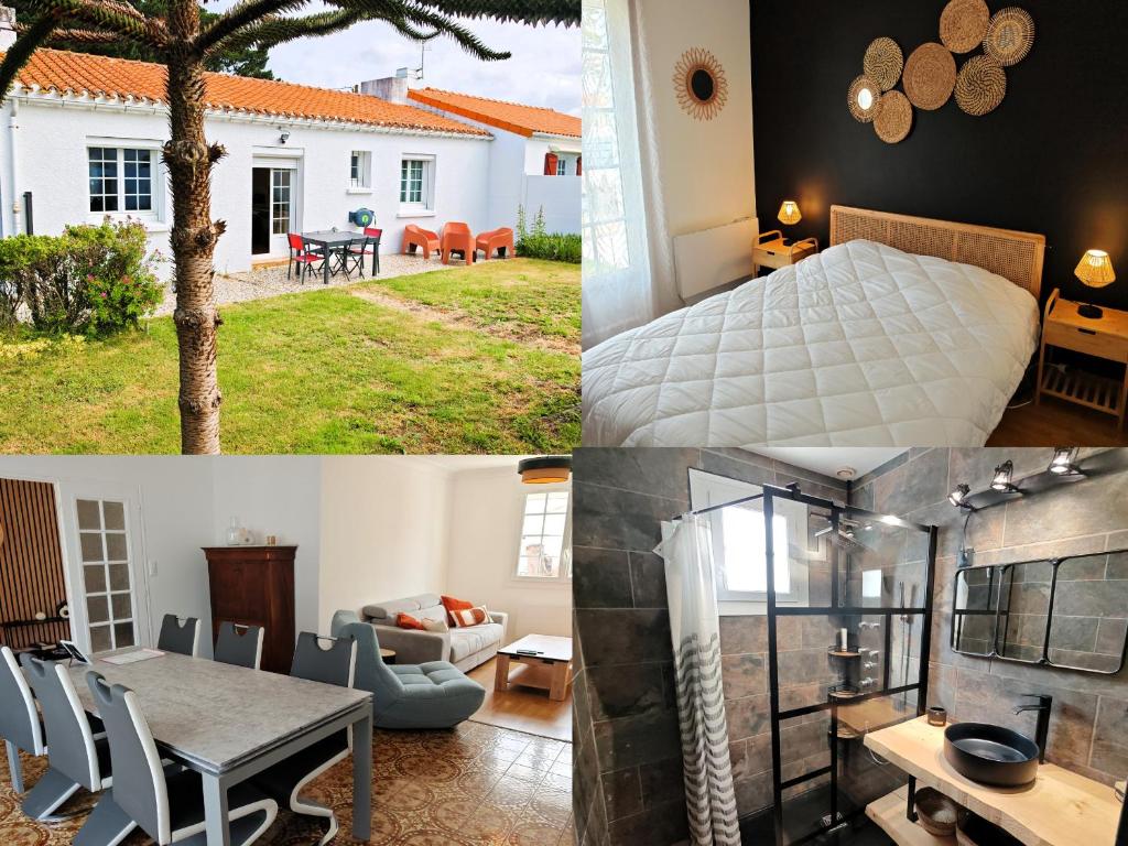 un collage de photos d'une maison avec une chambre et une salle à manger dans l'établissement Les Chouans, à Les Sables-dʼOlonne