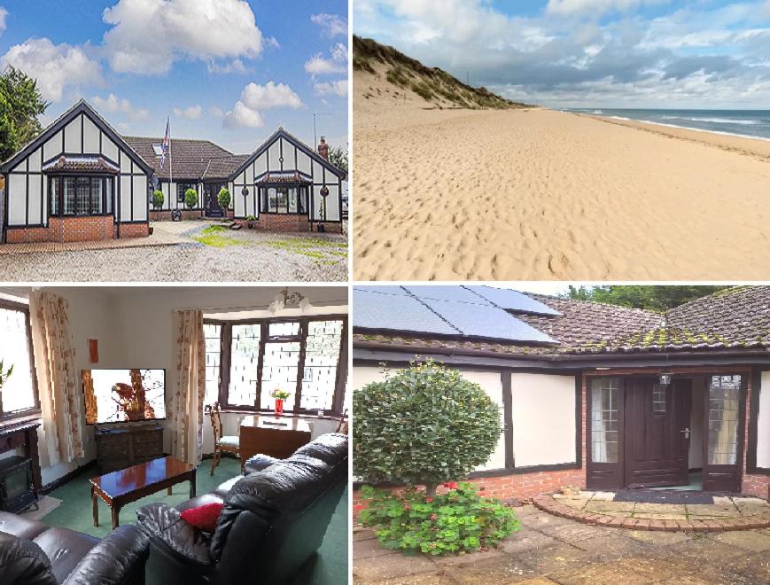 a collage of pictures of a house and a beach at The Chantry, North Wing, Cottage in Hemsby