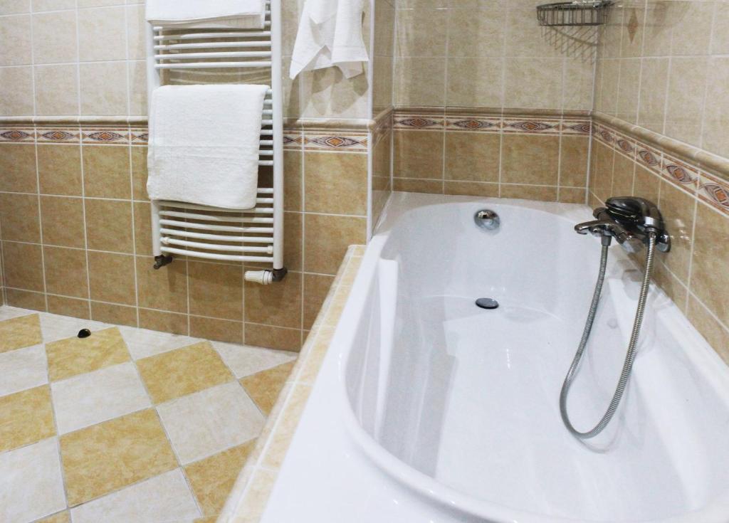 a bath tub in a bathroom with a shower at Hotel Orix in Jáchymov