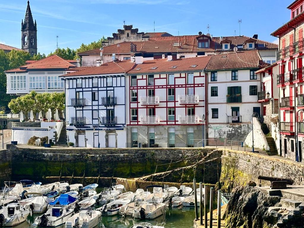 a group of boats docked in a harbor with buildings at Apartamentos&Spa Mundakaport in Mundaka