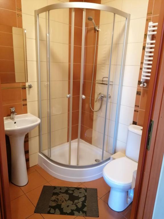 łazienka z prysznicem, toaletą i umywalką w obiekcie Pokoje Maria w Kudowie Zdroju