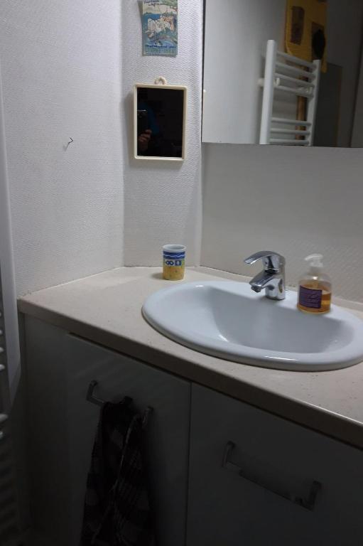 une salle de bain avec un lavabo blanc et un miroir dans l'établissement Nuj House, à Les Mayons