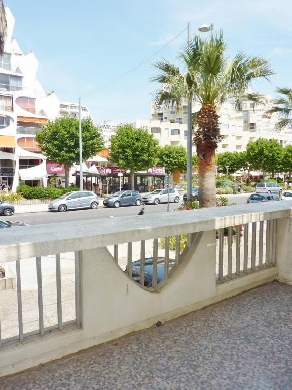 une vue d'une rue avec un palmier et des voitures dans l'établissement Cœur de ville Appartement t2 pour 4 personnes N15, à La Grande Motte