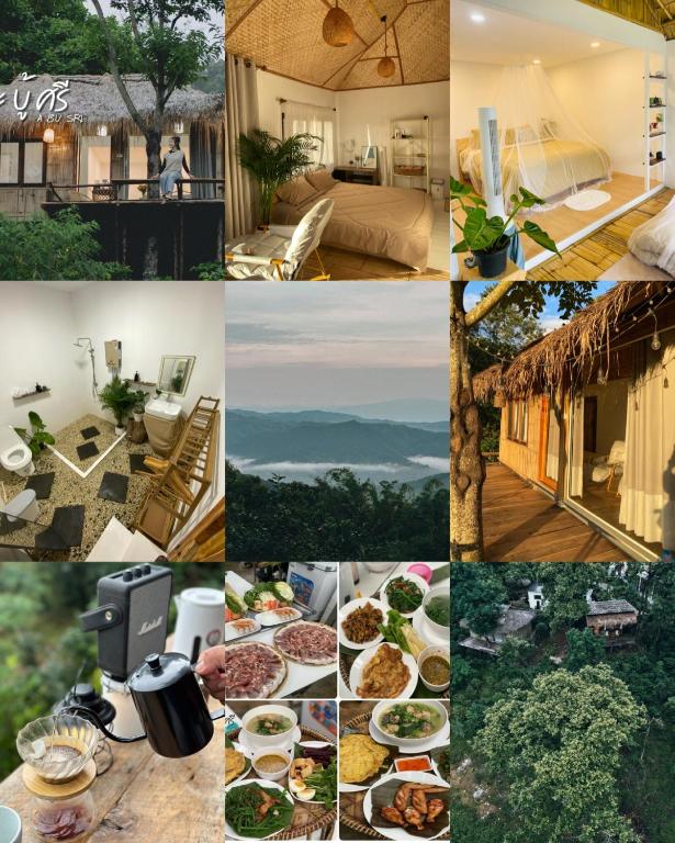 a collage of pictures of food and a house at อะบู้ศรีโฮมสเตย์ in Ban Huai Khai