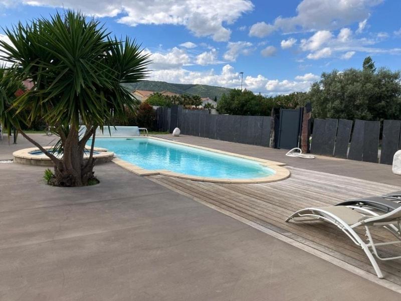 a swimming pool with a palm tree in a yard at Villa la Gardiole in Vic-la-Gardiole