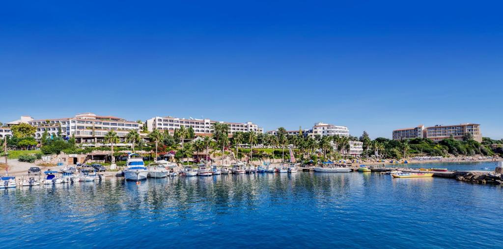 a group of boats docked in a harbor with buildings at Coral Beach Hotel & Resort Cyprus in Coral Bay