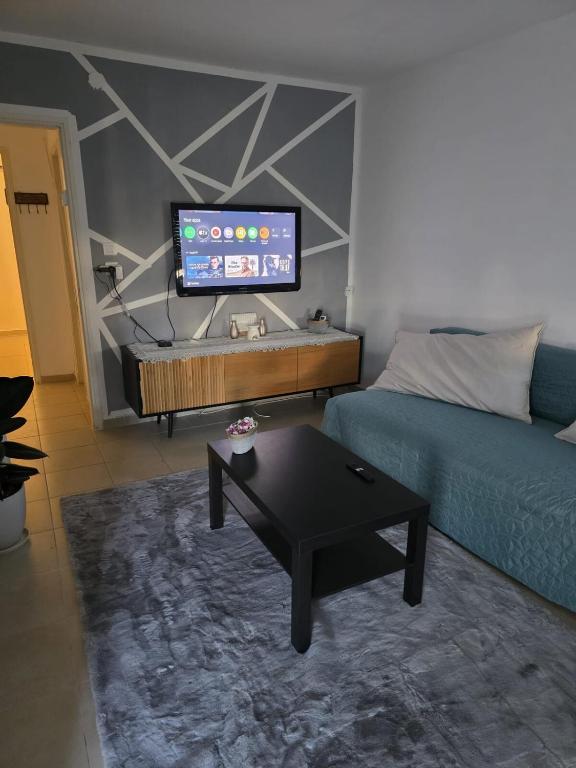 un salon avec un canapé et une télévision à écran plat dans l'établissement Jerusalem apartment, à Jérusalem