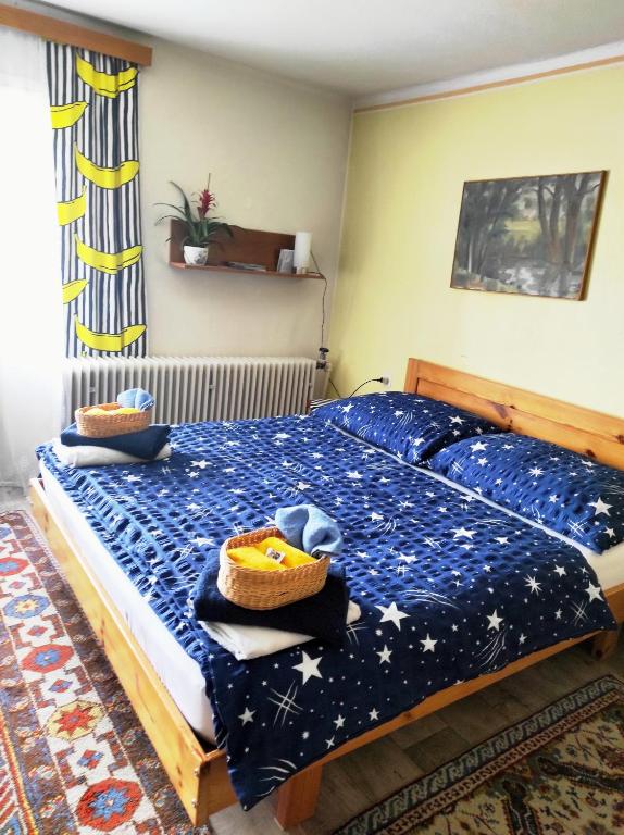 a bedroom with a bed with a blue comforter at Apartment u Nechvátalu Telč in Telč
