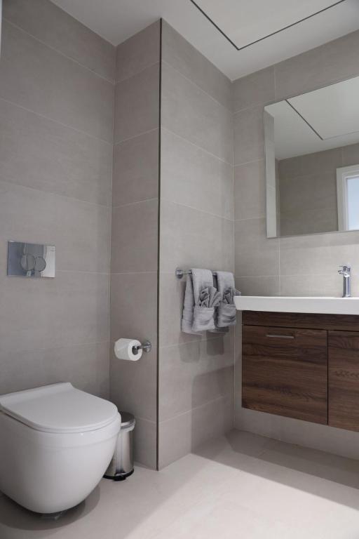 Un baño con inodoro, lavabo y espejo. en The Mercury Suite with pool, en San Julián