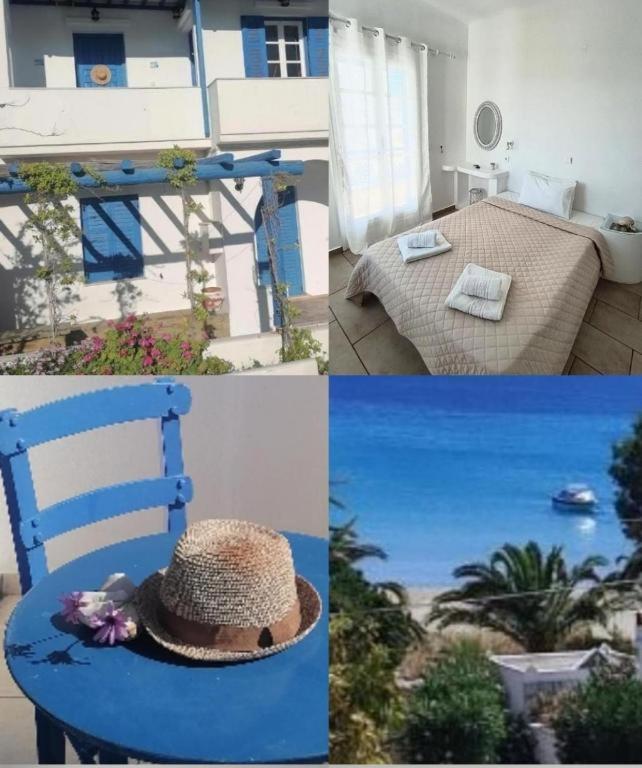 a collage of photos of a blue chair with a hat at Anna'sHouse in Agios Ioannis