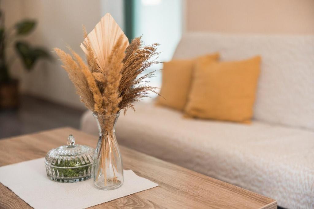 スレムスキ・カルロヴツィにあるKarlovci Hill Nookの羽毛の付いたガラスの花瓶