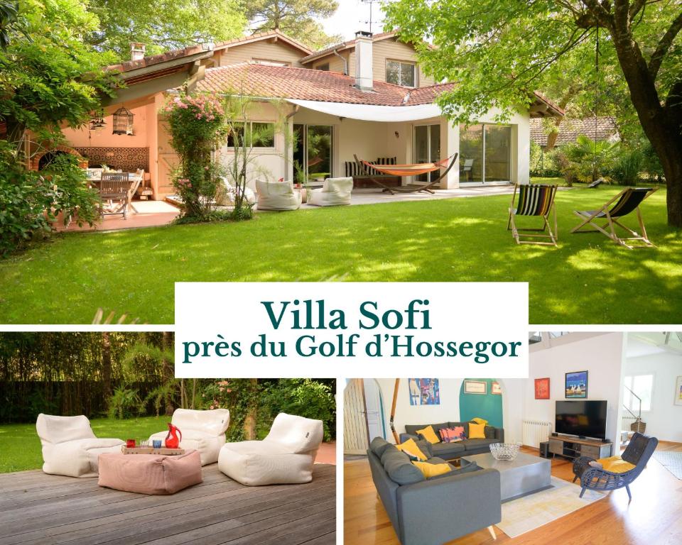 un collage de photos d'une cour avec une maison dans l'établissement Villa Sofi vacances près du Golf d'Hossegor Hâvre de paix 8 Pers, à Soorts-Hossegor